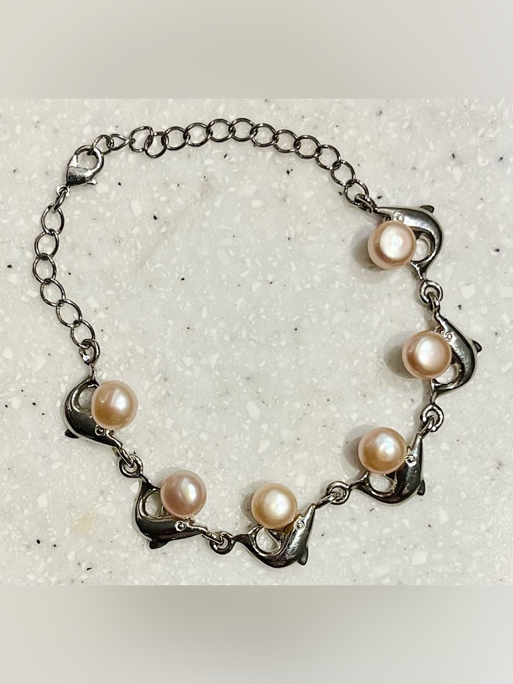 Vintage Silver Tone Dolphin Link and Cultured Pearl Bracelet